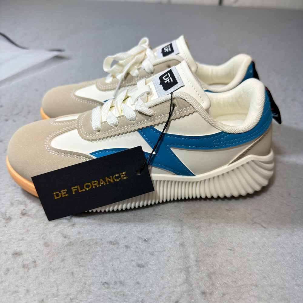 De Florance Sneakers Womens Cream Blue NWT Ribbed Sole Chunky Streetwear SZ 6.5 - Picture 3 of 10